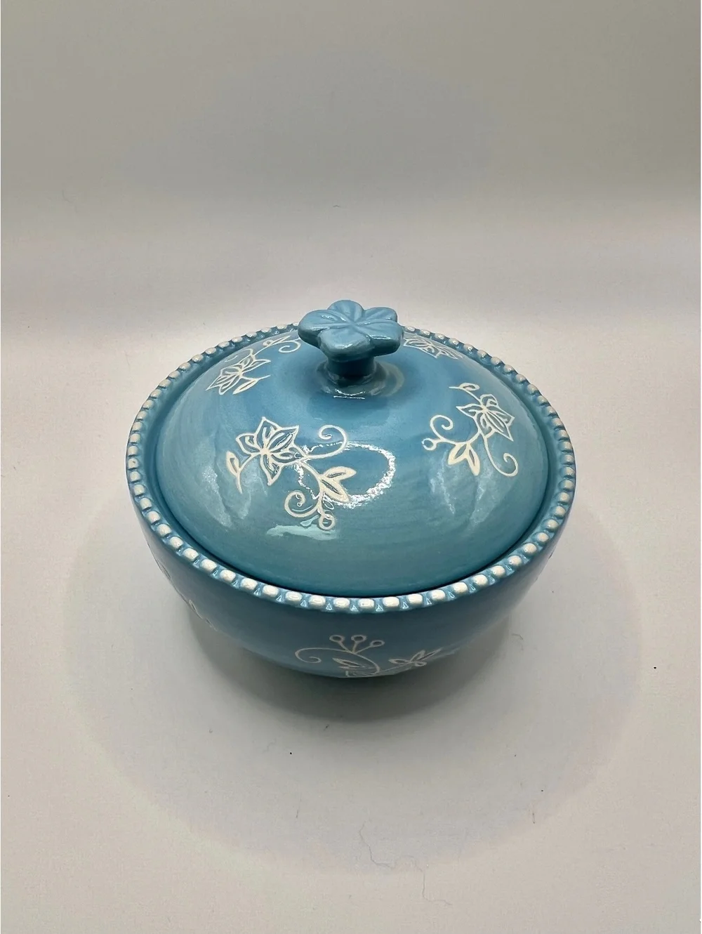 Cottagecore light blue ceramic Sugar Creamer Ivory Floral Design 4” tall